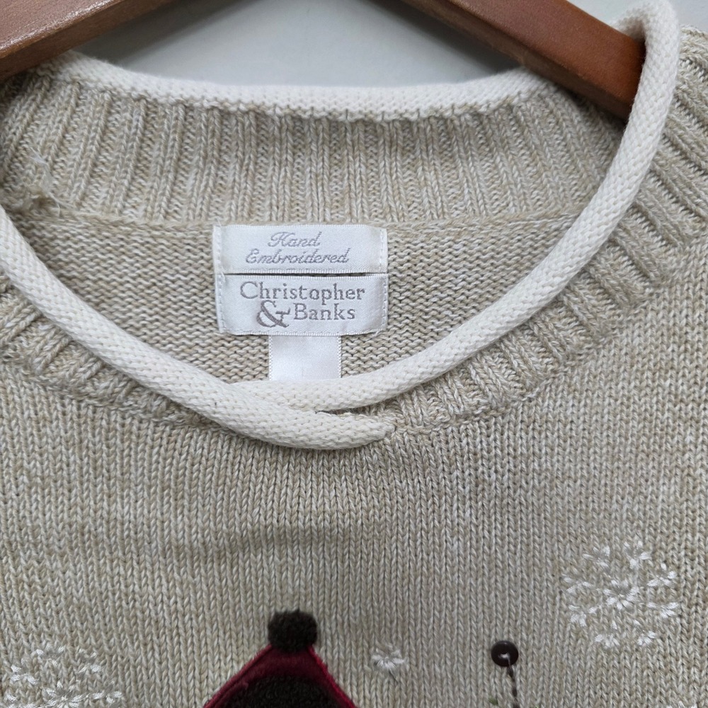 Christopher  Banks Santa Christmas Sweater Embroidered Beige Cotton Blend Medium - Picture 4 of 11